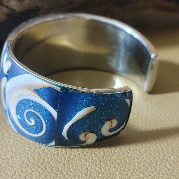 Conch Shell Inlay Swirl Textured Cuff Bracelet Blue Pink White Natural Stone - Picture 7 of 14